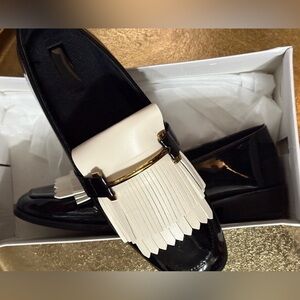 Black and White Fringe Patent Loafers - Women Shoes